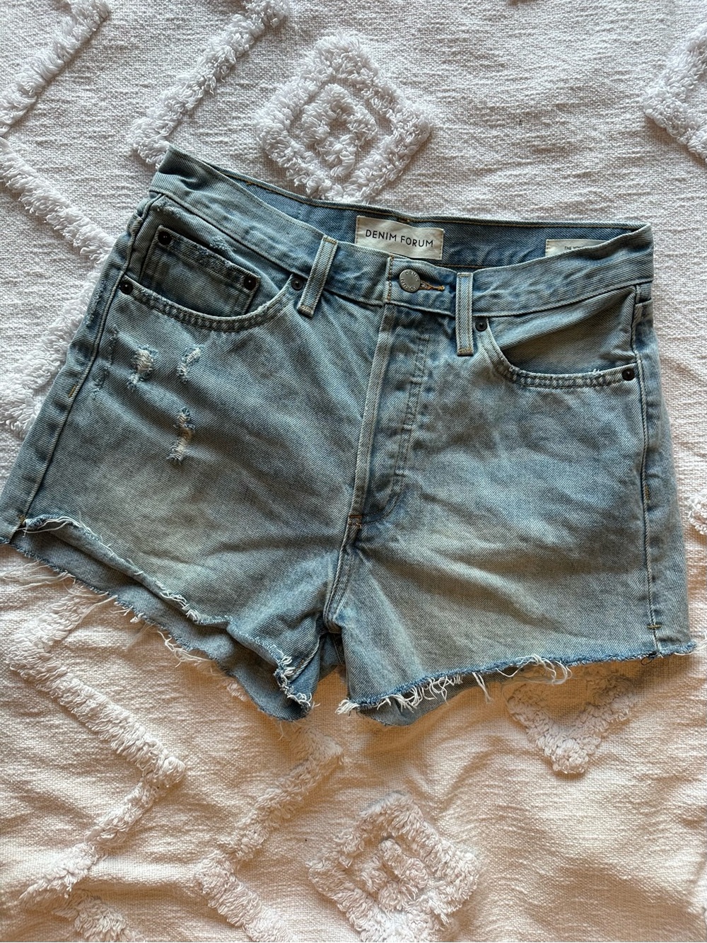 Denim Forum The Yoko Short Light Blue Distressed High-Rise 5-Button Shorts 28